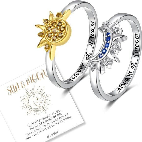 Hypoallergenic Silver Friendship Rings - Moon & Sun Stackable Sets for Women